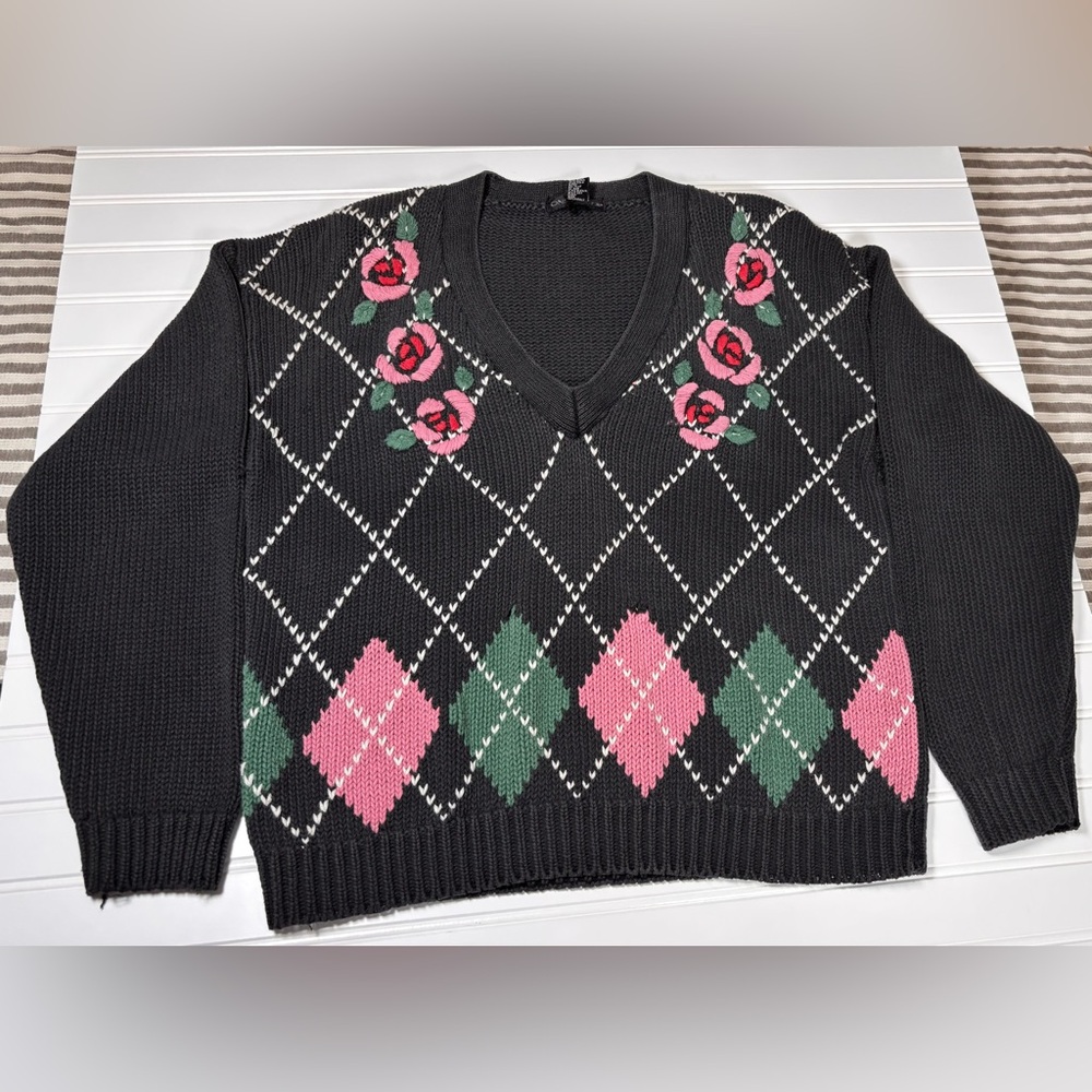 VTG 90s One STEP up Argyle Floral Knit Sweater Pink Rose Embroidery M